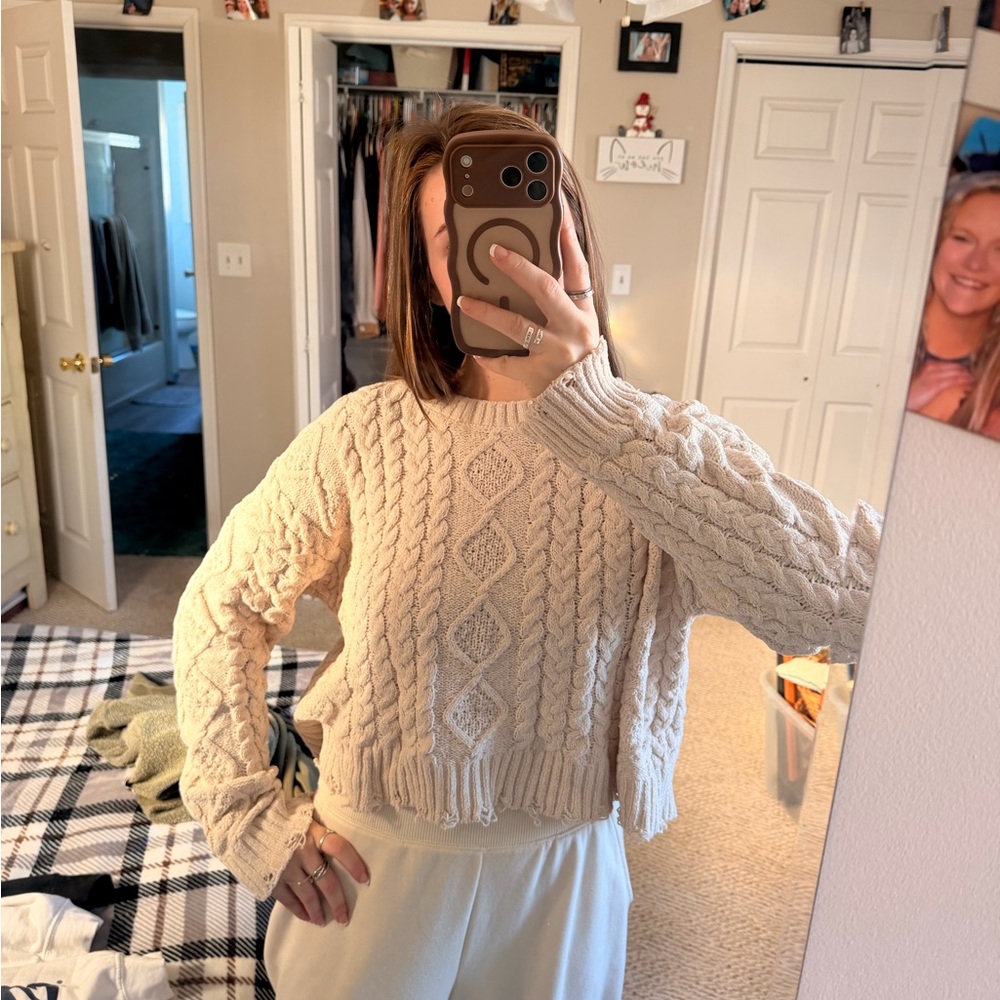 Pink Rose Cream Cable-Knit Crewneck Sweater